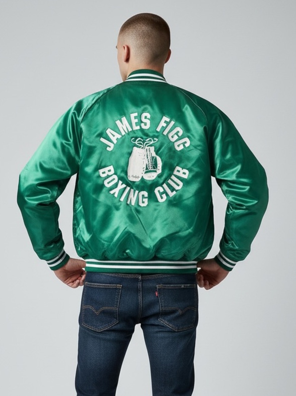 Vintage 80s Majestic Green Satin Bomber Jacket James Figg Boxing Club XL USA